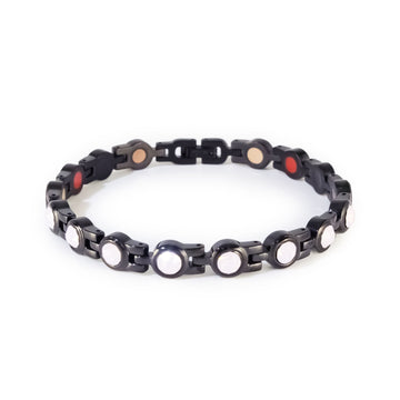 Black stainless steel bracelet with pink crystal details, clasped front view.